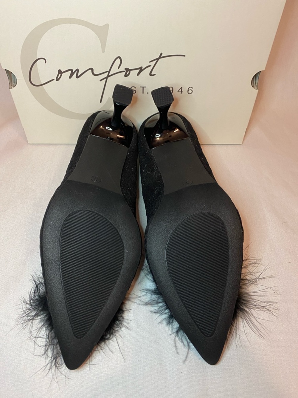Black Pointed-Toe Pom-Pom Kitten Heels - Picture 8 of 10